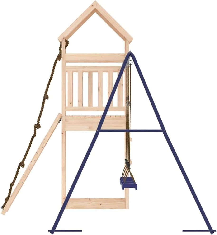 Outdoor Playset with Climbing Wall and Double Swings, Solid Pine Wood Construction, Rustic Brown Finish, Blue Polypropylene Swing Seats, 101.2 cm Wide, 124.0 cm Long, 103.9