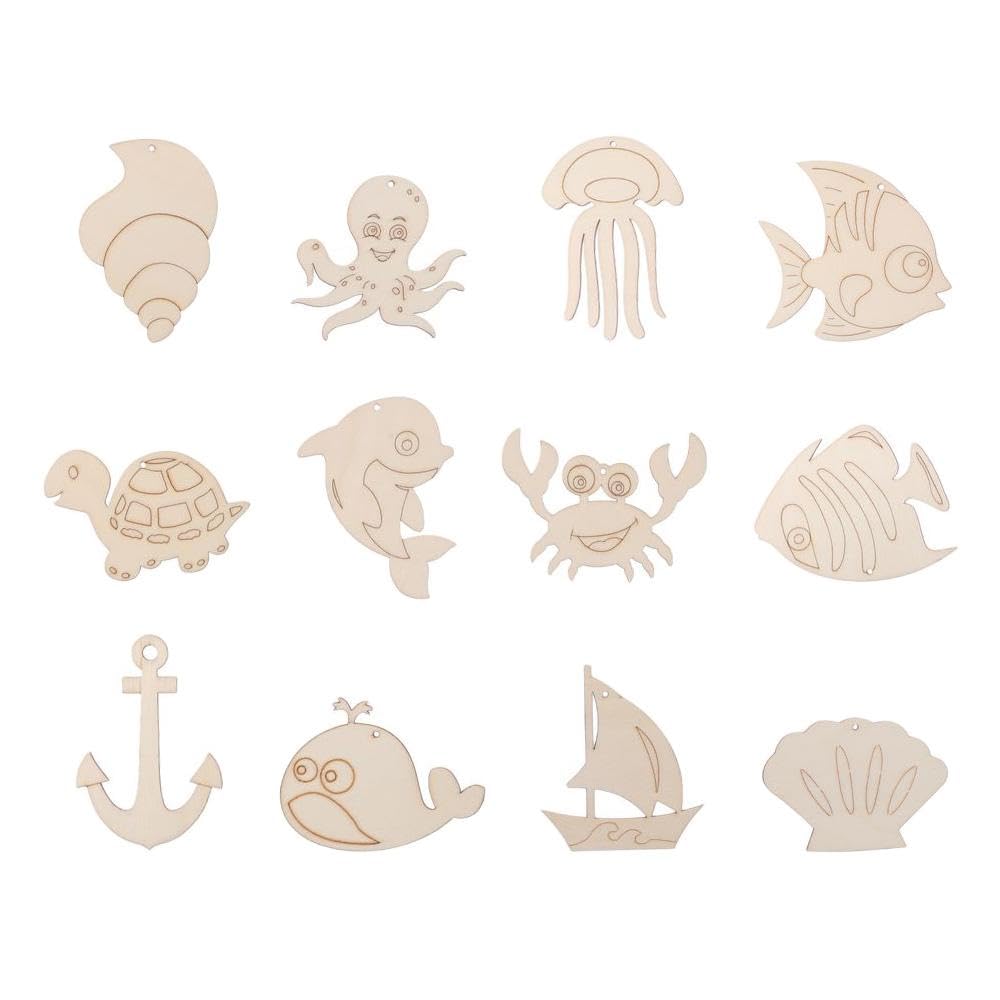 36Pcs Sea Tropical Wooden Slices Fish Animal Hanging Decor Ocean Themed Ornaments Fish Sea Turtle Crab Dolphin Octopus for Decorations