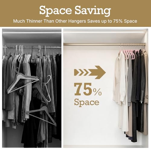 Image of HOUSE DAY Lt Pink Velvet Hangers 60 Pack, Non Slip Clothes Felt Hanger Heavy Duty for Coat, Premium Slim Space Saving Suit Hangers for Closet Organizer, 360 Rotating Silver Hook