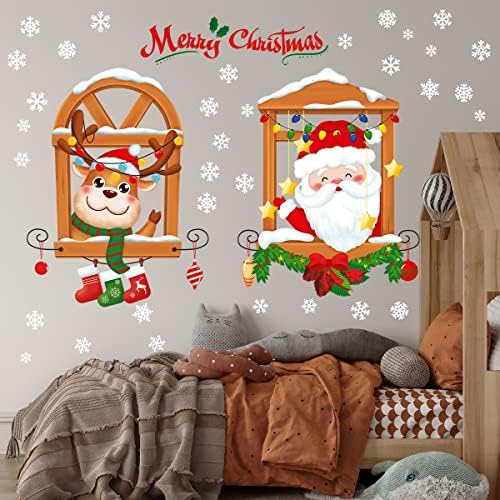 Atcarmor Merry Christmas Wall Decals Stickers Removable, Santa Claus Reindeer Xmas Christmas Vinyl DIY Wall Decal, Christmas Snowflake Window Clings Decals Sticker for Wall Office Kid Room Decorations