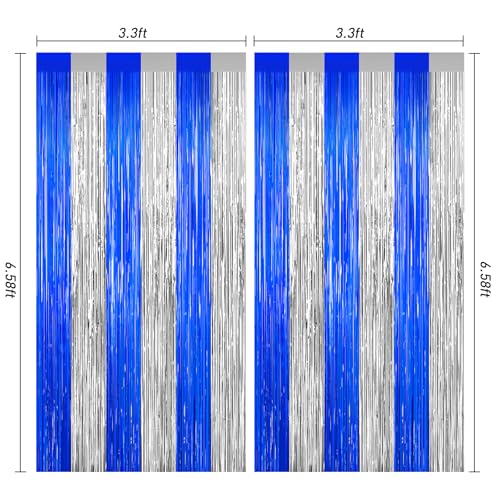 Image of Silver and Blue Tinsel Backdrop Foil Fringe Curtains, 2Pack Birthday Door Decorations Photo Backdrop, Party Streamers Supplies for Bachelorette, Graduation, Christmas, Disco Decor New Year Decorations