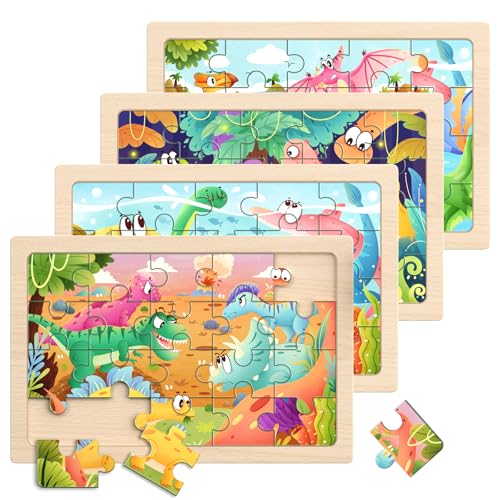Image of Zeoddler Wooden Puzzles for Kids 3-5, 4 Pack Dinosaur Jigsaw Puzzles for Toddlers, 20 Pieces Preschool Learning Activities, Learning & Educational Puzzles, Gift for Boys, Girls