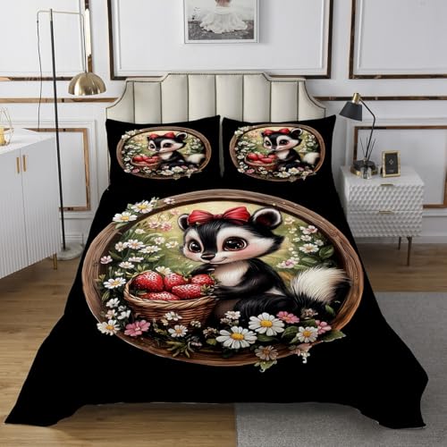 Erosebridal Cute Skunk Queen Bedding Set for Kids Child,Daisy Flowers Bedspread Set for Boys Girls,Girly Bowknot Strawberry Bed Set,Cartoon Stuffed Animal Wildlife Coverlet Set,3 Pcs