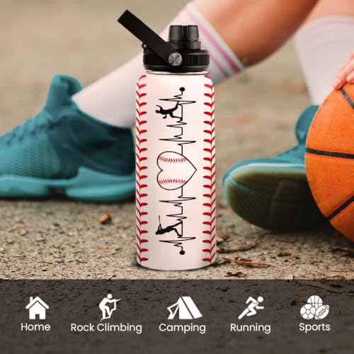 Image of SANDJEST Baseball Water Bottle 32oz Stainless Steel Insulated Bottle for Men, Women, Sports Lovers - Baseball Gifts for Birthday, Christmas