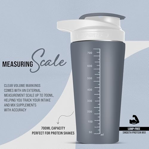 Image of Stainless steel shaker 700ml protein shaker bottle - leak proof 304 SS food grade steel, gym shaker, shaker bottles for protein, steel shaker for gym (Gray)