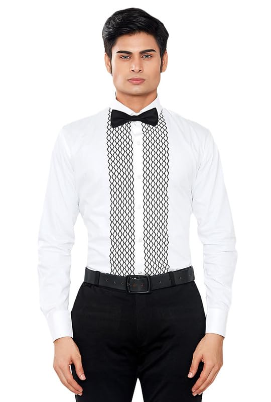 GLOBALRANG 100% Satin Cotton Embroidered Tuxedo Shirt for Men with Bow Tie