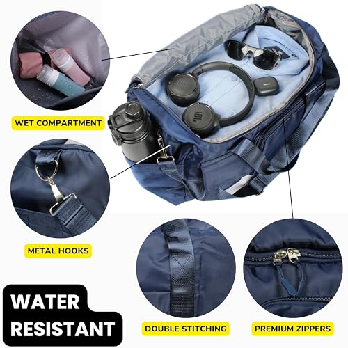 Image of POPCUBE Premium 45 cms Duffle Bag for Travel Sports Gym Shoulder Bag for Women with Wet Pocket & Shoe Compartment Weekender Overnight Travel Luggage Bag. (Style 2, Dark Blue)
