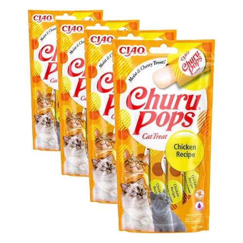 INABA Churu Pops - Katzen-Leckerli zum Füttern aus der Hand - Köstliche Katzensnacks zum Schlecken - Leckerchen in Handlichen Portionen mit Huhn 4x15g (Packung mit 4)