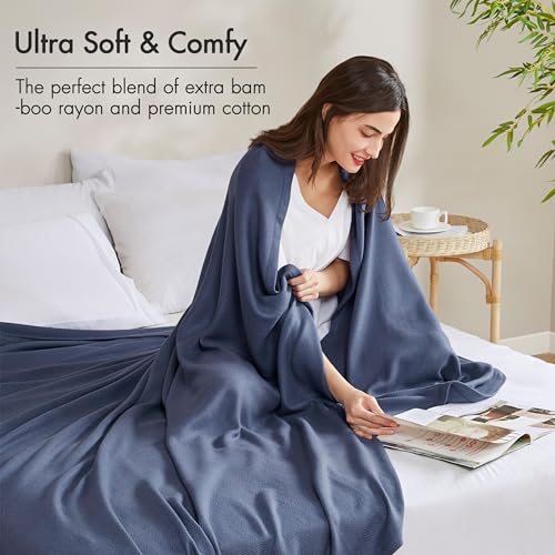 Image of Madison Park Twin Size Summer Blanket, Navy, 70% Rayon from Bamboo | 30% Cotton Blanket for Bed, Couch, Sofa, Soft Cozy Breathable for Hot Sleepers Menopause, Natural Cooling, Moisture Wicking