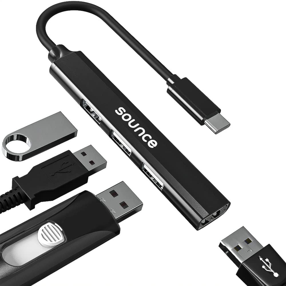 Sounce 4-In-1 Portable Type-C Hub (Type-C To 4 Usb-A Ports) With Aluminum Shell, Usb Port Hub 3.0 Compatible For Pc, Mac Pro, Mac Mini, Imac, Tablet, And Smartphone Black