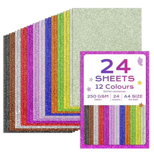 Flintronic Papier Cartonné Pailleté A4, 24 Feuilles, 12 Couleurs, 250 g/m², Carton Pailletés Coloré pour École, Bricolage Enfant,...