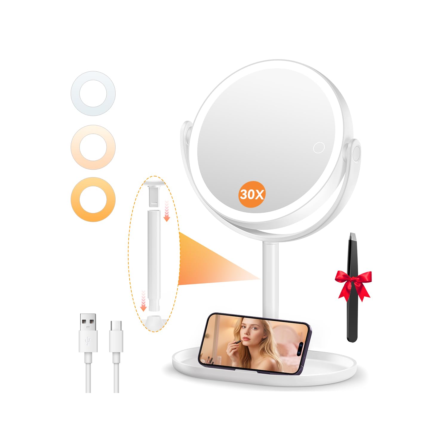 Auxmir Hand Mirror, Double-Sided 1X/10X Magnifying Mirror with Handle, Professional Salon Barber Hairdressing Handheld Mirror, White 18cm x 28.5cm (7.2" x 11.2")
