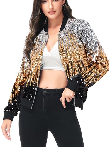 Anna-Kaci Womens Sequin Jacket Bomber Coat 1989 Slitter Outfit For