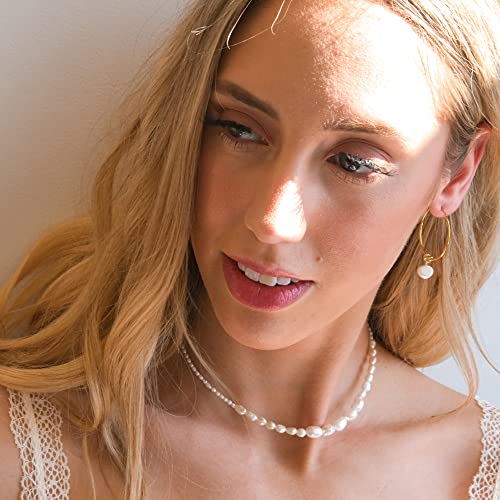 Organic Pearl Hoop Earrings | Freshwater Baroque Pearl in White Yellow Gold Hoops | 14K Gold Plated Sterling Silver4