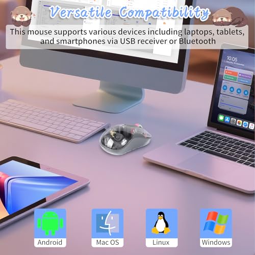 Image of elec Space Cute Wireless USB C Mouse - Bluetooth Triple Mode Rechargeable Cartoon Mouse for Laptops, iPads & MacBook Air /Pro - Silent Operation, Portable Design, Unique Magnetic Character (Grey)