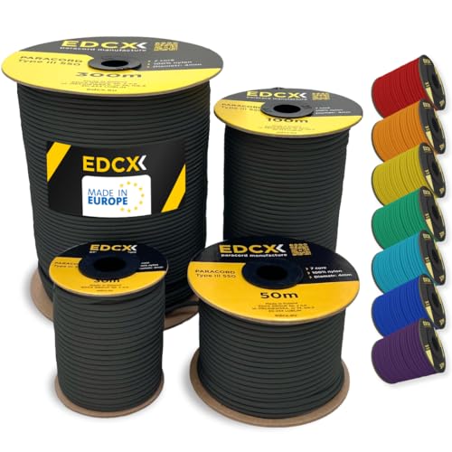 EdcX 4 mm Nylon Paracord 550 30 m (100 pies) - Tipo III, Cuerda 100% Nylon, Cuerda de 7 hebras, Cuerda de Nylon de 4 mm en Colores sólidos (Black, 30 m)