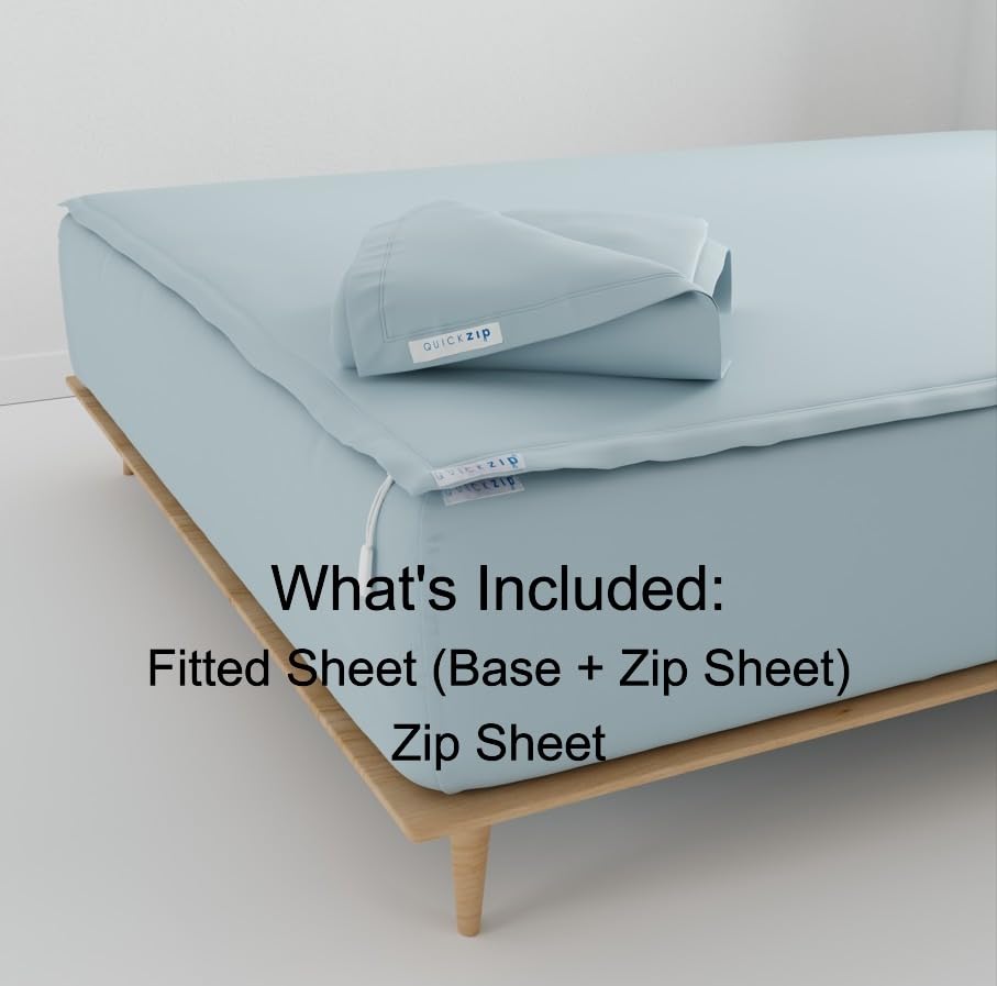 Image of QuickZip Fitted Plus Spare Bundle: 1 Fitted Sheet (Base + Zip Sheet) & 1 Zip Sheet - Easy to Change, Won't Pop Off - Soft Sateen 400 TC 100% Cotton - 15 inch Deep Pockets Twin Size Sheets - Dusty Blue