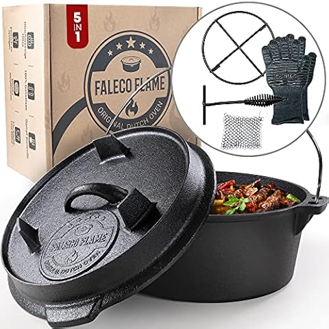 Faleco Flame® Original Dutch Oven Set (4,6 Liter) I Feuertopf Gusseisen [4,6-9L] eingebrannt I mit Untersetzer und Deckelheber (4,6 Liter) Cover