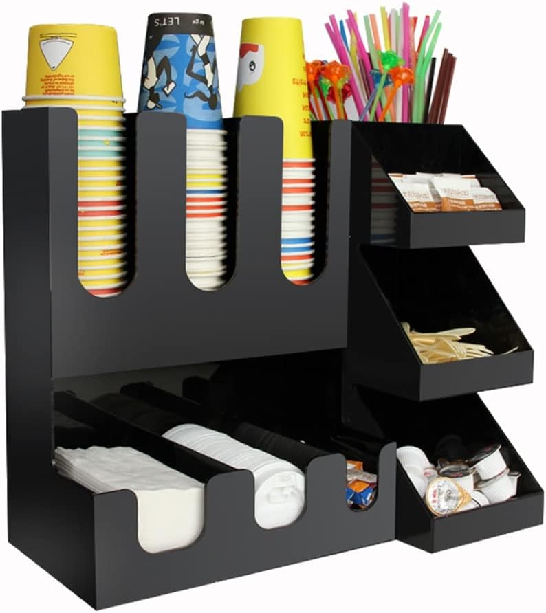 Multifunctional Acrylic Cup Dispenser & Coffee Bar Organizer - Black Disposable Cup Holder Set for Condiments & Sugar Packets, Perfect for Home & Office (47x22x40cm)