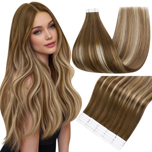 Image of Full Shine Human Hair Tape in Extensions, Brown Caramel Blonde Mix 22 Inch | 50g 20PCS, Invisible Remy Tape in Hair Extensions, Add Length Smooth Finish Natural Volume Lightweight Everyday Look