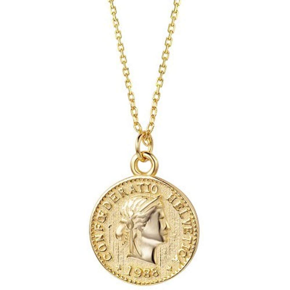 IMINI Collar con colgante de moneda de oro tallado para mujeres, niñas, hombres, plata de ley 925, chapado en oro de 18 quilates, cadena redonda simple, medalla reversible de recuerdo chic, caja de regalo
