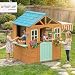 AIYAPLAY Kinderspielhaus aus Holz Spielhaus Outdoor mit Verkaufstheke Pflanzenkasten Kreidetafel Zieltuch 4 Ball Fenster Tür Gartenhaus für Kinder von 3-6 Jahren 142 x 120 x 141,5 cm Mehrfarbig