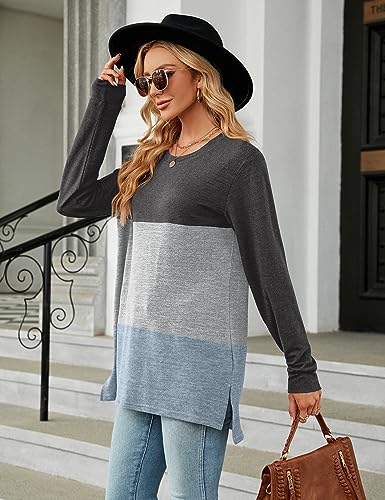 Blusas Mujer Elegantes Camisa de Manga Larga T Shirt de Cuello Redondo Top Túnica Tejida Camiseta Patchwork