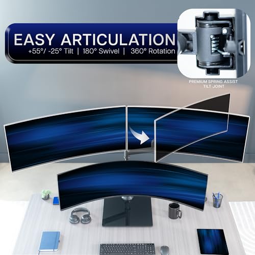 Image of VIVO Pneumatic Arm Triple Ultrawide Monitor Desk Stand for Up to 49 inch Screens with Tempered Glass Base, Holds 3 Ultra Wides Up to 33 lbs Each, Black, STAND-V300FG
