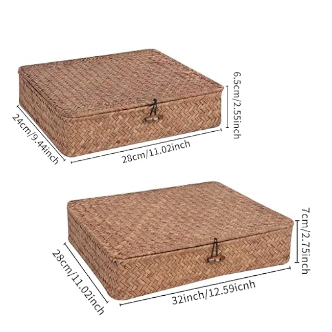 Flat Wicker Shelf Baskets with Lid, Handwoven Seagrass Basket Boxes for Storage Baskets Bins Home Decor Organizer (Coffee Set of 2)