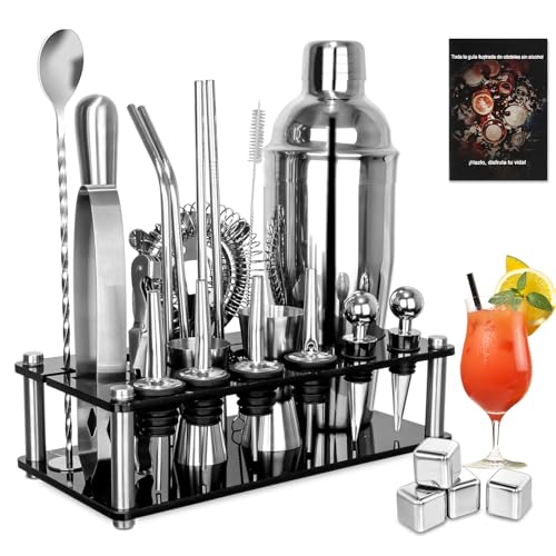 Kit de Coquetel Profissional com 26 Peças, Coqueteleira de 750 ml, Vem com suporte de acrílico, Coqueteleira Inox, Kit Bartender, Ideal para Bebidas Mistas, Casa, Bar e Festas