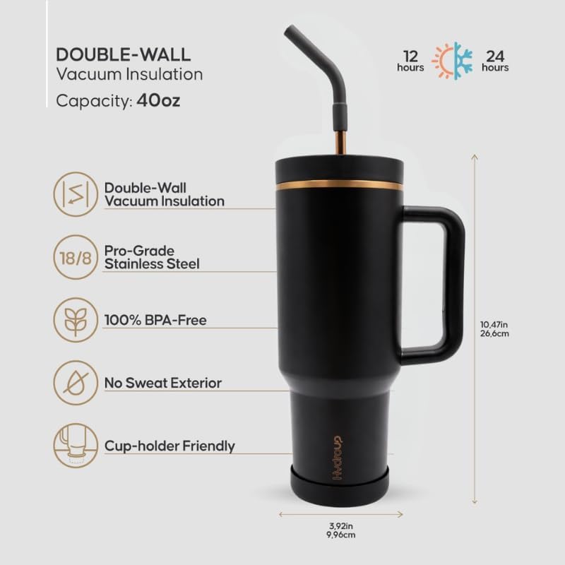 40oz Travel Tumbler Cup with Handle, Two-Way Slider Lid, Stainless Steel Straw with Silicone Tip, Vacuum Insulated Water Bottle for Hot & Cold Drinks, Great Gifts for Mom (Black Gold) - Image 5