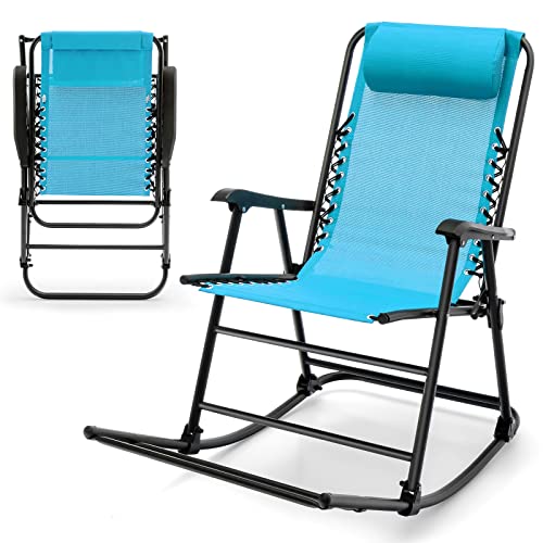Happygrill Foldable Rocking Chair Zero Gravity Lounge Rocker With Headrest, Outdoor Portable Rocker For Porch Garden Poolside And Backyard, Blue #TOP4