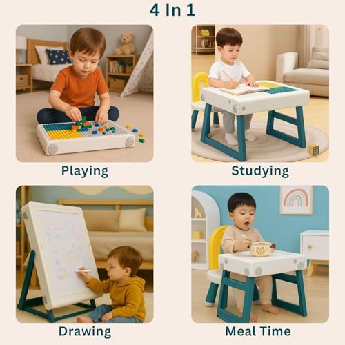 Image of Little Olive Kids Activity Table and Chair Set with Easel Drawing Board | Multifunction Plastic Study Desk for Toddlers | Sturdy Design with Smart Storage for Learning and Creative Play Teal Blue