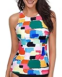Holipick Multicoloured High Neck Tankini Tops Swimsuit Top for Women Swim Tops Tummy Control Bathing Suit Top L