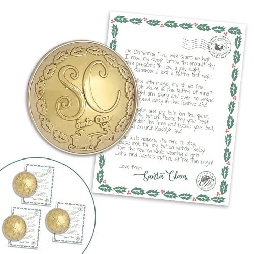Set of 3 Santas Missing Button | Large 1.5 Diameter | Santa Claus Lost Button and Letter for Christmas Morning | Gold 3pk