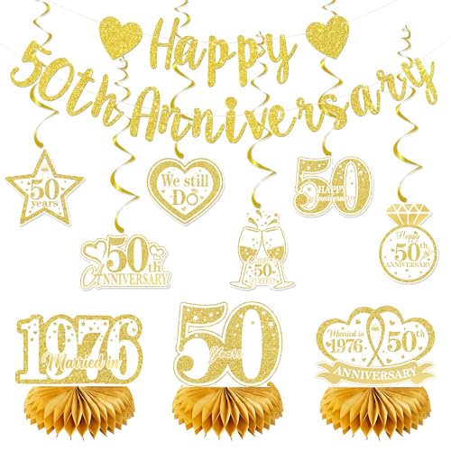 Holkcog White Gold 50th Anniversary Decorations Gold Glitter Happy 50th hang Banner Hanging Swirls Honeycomb Cheers to 50 Years Party Supplies50 Years Anniversary Party Decorations