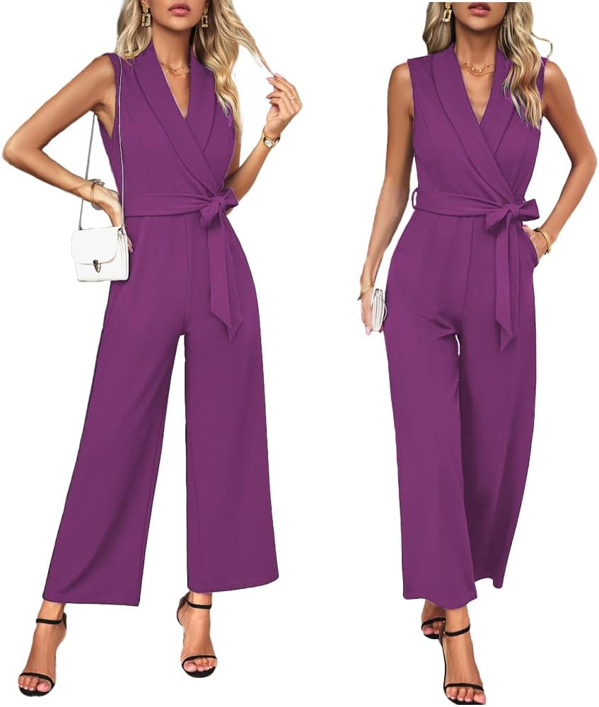 JTNFairy Summer Jumpsuits for Women Dressy Casual Sleeveless One Piece Outfits High Waisted Wide Leg Pant Long Rompers - Image 3