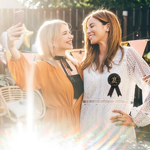 Image of It's My 27th Birthday Tinplate Badge Pin, Gold Diamond Happy 27th Birthday Button Pin, 27 & Fabulous Birthday Black Rosette Award Ribbon Pin for Women, Brooch Buttons for Twenty Seven Years Old