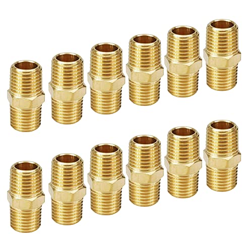 HQMPC Solid Brass Pipe Fitting Male Pipe, Hex Nipple Gas Connect Adapter Brass Union Coupler Adapter 1/2"NPT 12Pcs