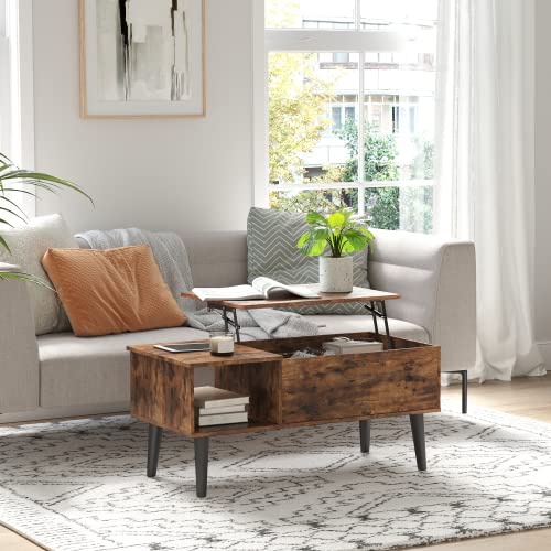 Image of DINZI LVJ Lift Top Coffee Table, Modern Center Table with Large Hidden Compartment, Lift Up Living Room Table with Wooden Tabletop and Pop Up Storage, for Home and Office, Rustic Brown