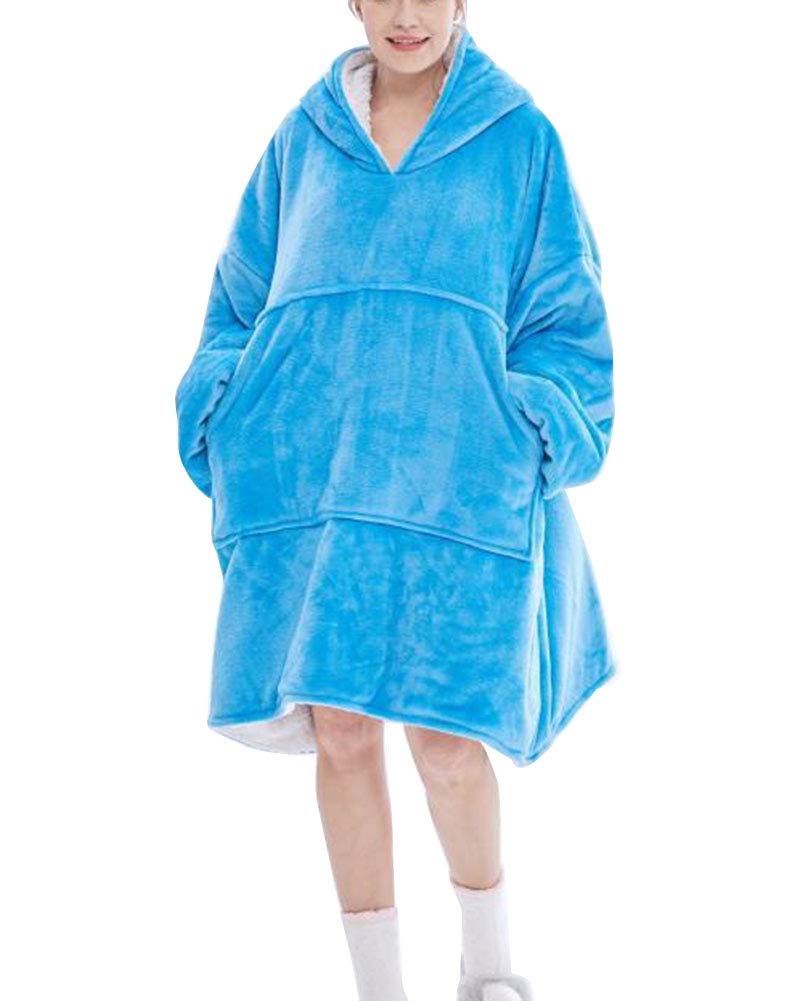 Adulto/Niño Otoño invierno Suelto Sudadera Manta con capucha Cálido de gran tamaño con Mangas y Bolsillo, Sudadera Gigante Sherpa Fleece Manta Cálida para TV Adulto azul claro one size