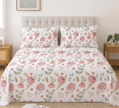 Image of IVAZA 240 TC Soft Ezyption Cotton Floral Print King Size Bedsheet - with 2 Pillow Covers, Hypoallergenic, Brethable, (Size- 90 x 90 Inch) White Green