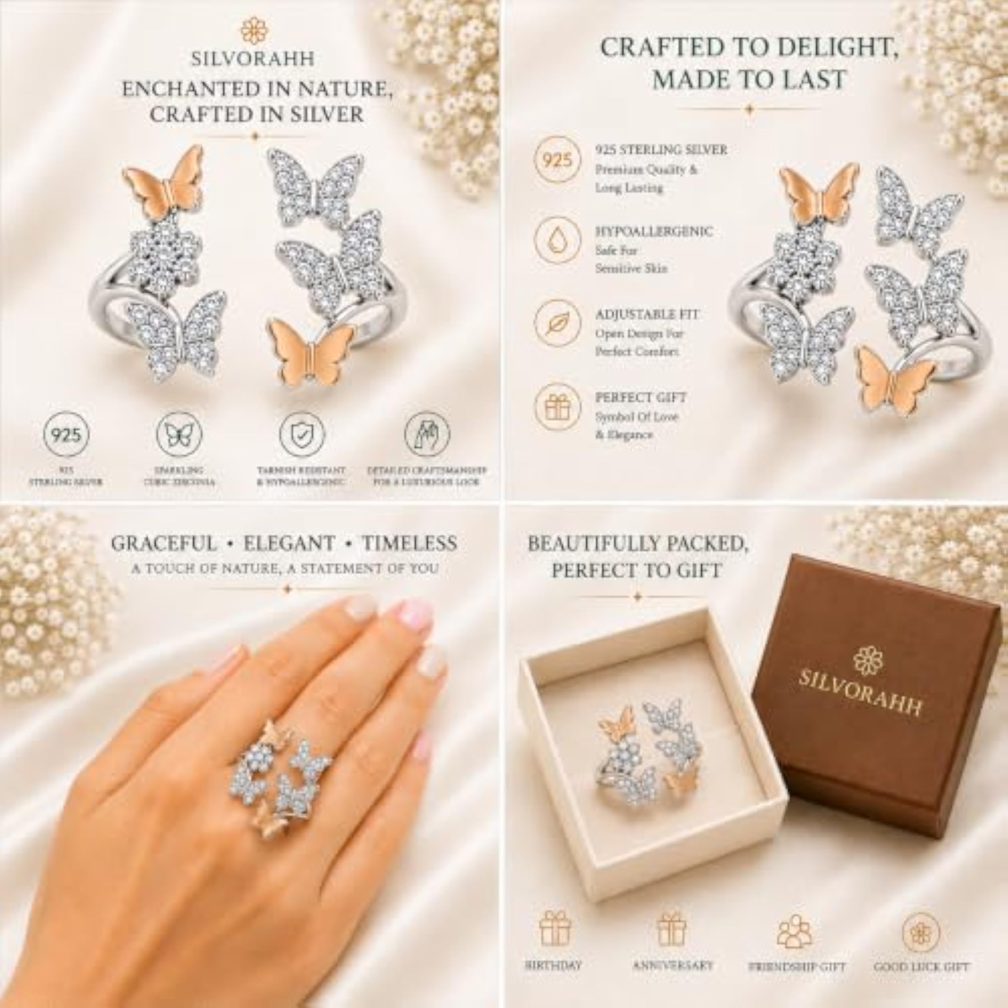 Women's 925 Sterling Silver Adjustable Butterfly & Floral Ring