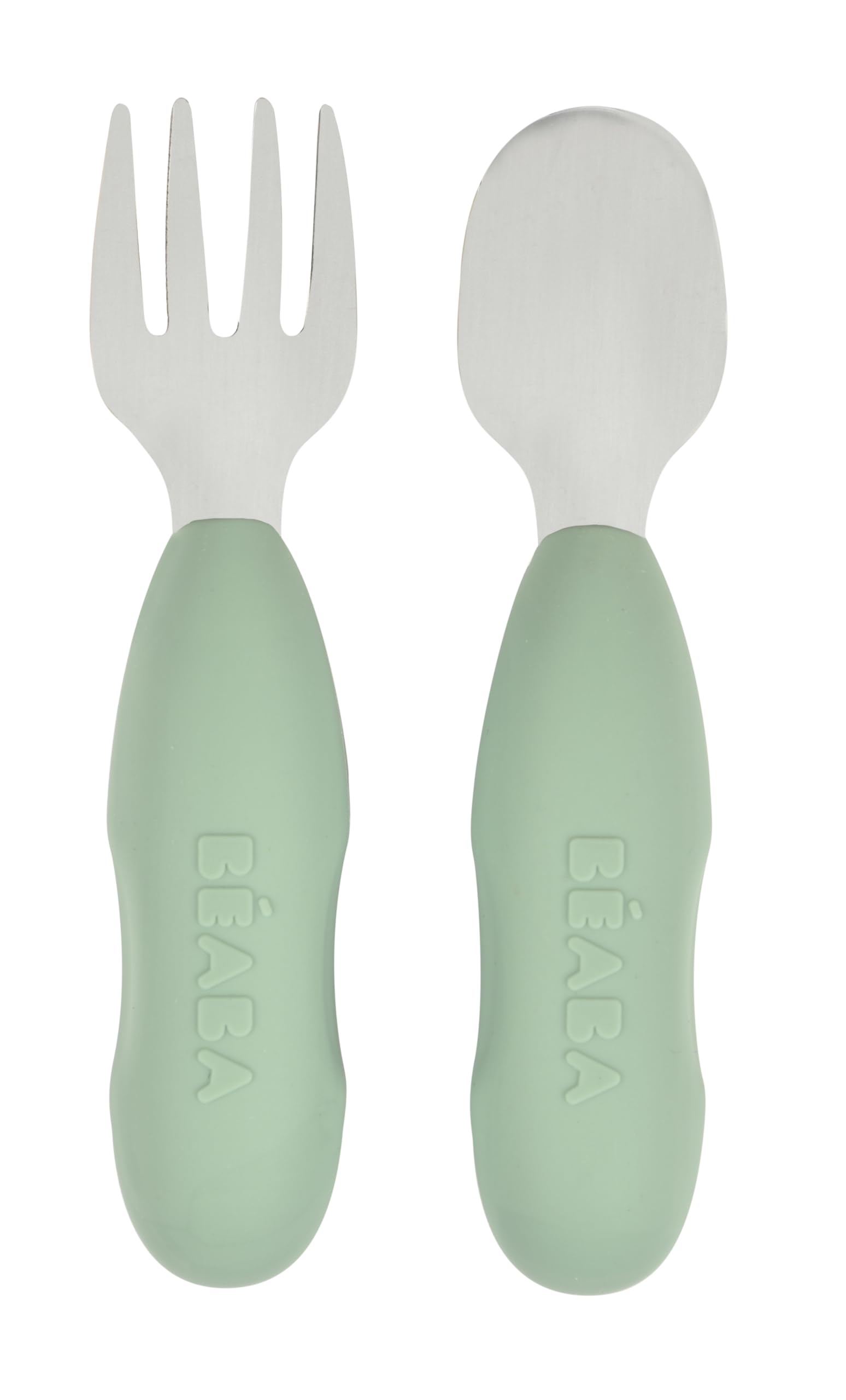 BEABA Set of 2 Stainless Steel Pre-Cutlery, Baby Toddler Stainless Steel with Silicone Utensils, Silverware Spoon Fork for Baby Toddler, Sage