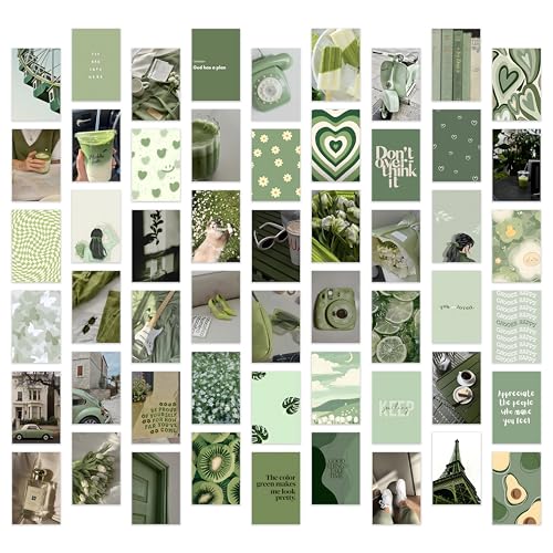 Image of ZENDEN STORE Pack of 54 Aesthetic Green Wall Collage Kit Posters - 4x6 Inch, 300 GSM Matte Cardstock with 300+ Glue Dots - Minimal Wall Decor for Bedroom, Dorm, Office