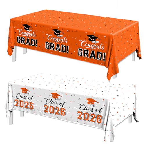 Image of 2026 Graduation Decorations,Congrats Grad Tablecloth 2pcs White Orange Class of 2026 Table Covers Rectangle for Graduation Party Supplies,108x54inch (Orange)