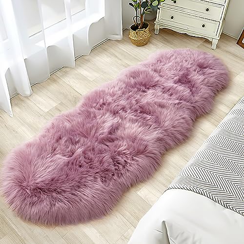 Image of Tangsoo 2x6 Light Purple Faux Fur Rug,Soft Sheepskin Runner Rug for Bedroom