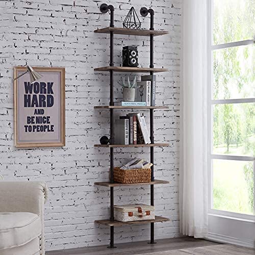 Hombazaar Industrial Bookshelf 6-Tier Modern Ladder Shelf, Vintage Metal Pipes and Wood Shelves, Rustic Display Bookshelf for Storage Collection,Retro Brown