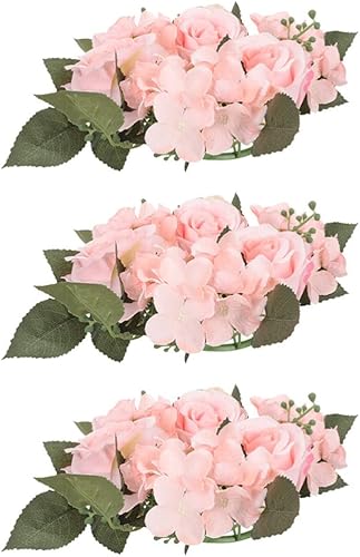 NOLITOY Anillos de vela de rosas artificiales, coronas, 3 piezas, anillos de vela florales artificiales para boda, hojas verdes sintéticas, corona