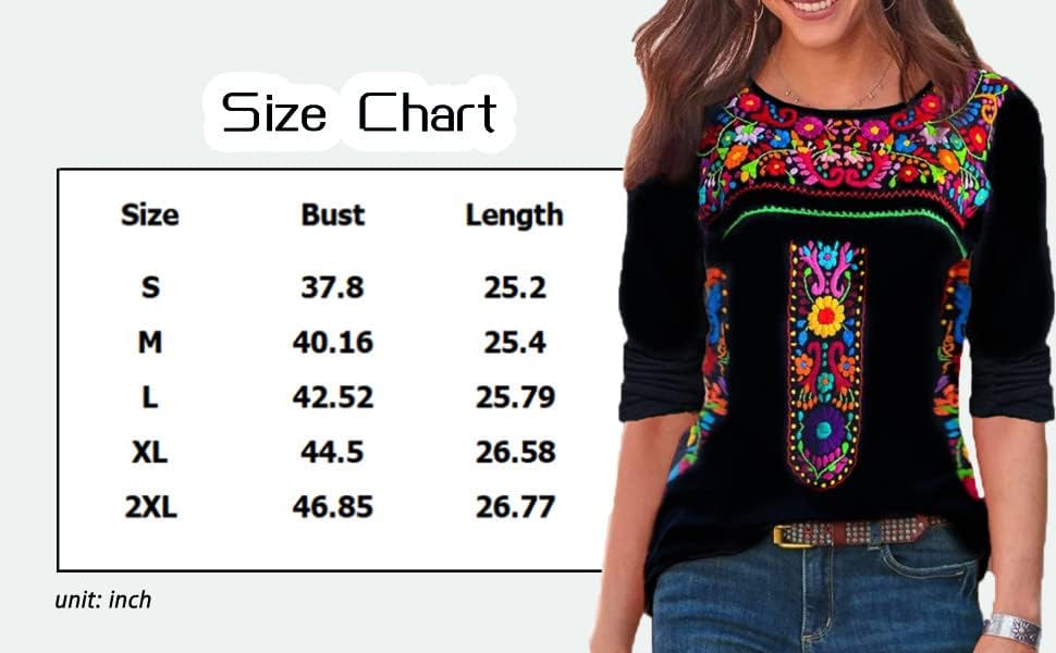 Vista 5 de Melliflo Camisas mexicanas de manga larga para mujer, blusa campesina bordada floral, estilo étnico, camisetas bohemias